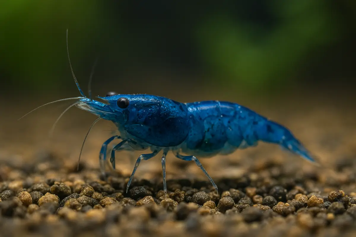 Blue Dream Shrimp (Neocaridina davidi), UK bred freshwater shrimp with deep blue shell in planted aquarium.