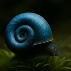 Blue Ramshorn snail with blue shell and dark body on aquarium plants.