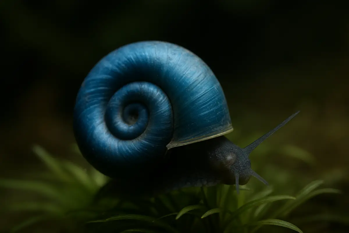 Blue Ramshorn snail with blue shell and dark body on aquarium plants.