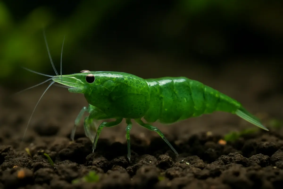 Green Jade Shrimp (Neocaridina davidi), UK bred freshwater dwarf shrimp with emerald green shell grazing on substrate.