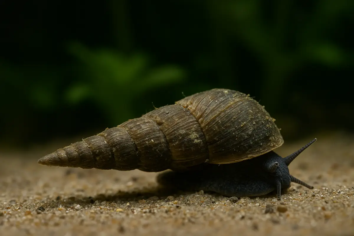 Malaysian Trumpet Snail (Melanoides tuberculata) with conical shell on aquarium sand