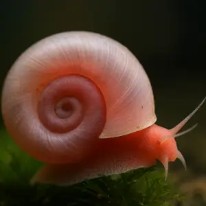 Pink Ramshorn Snail with translucent pink shell and red body on aquarium plant