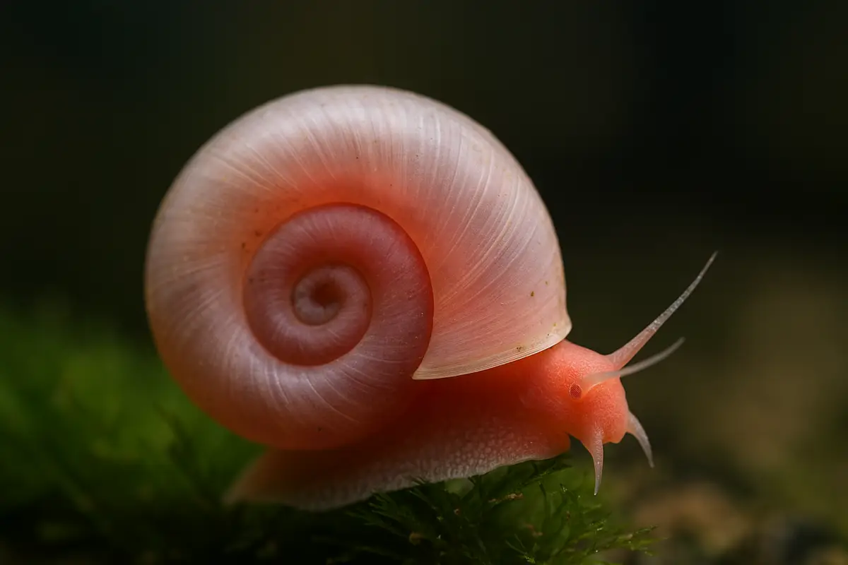 Pink Ramshorn Snail with translucent pink shell and red body on aquarium plant
