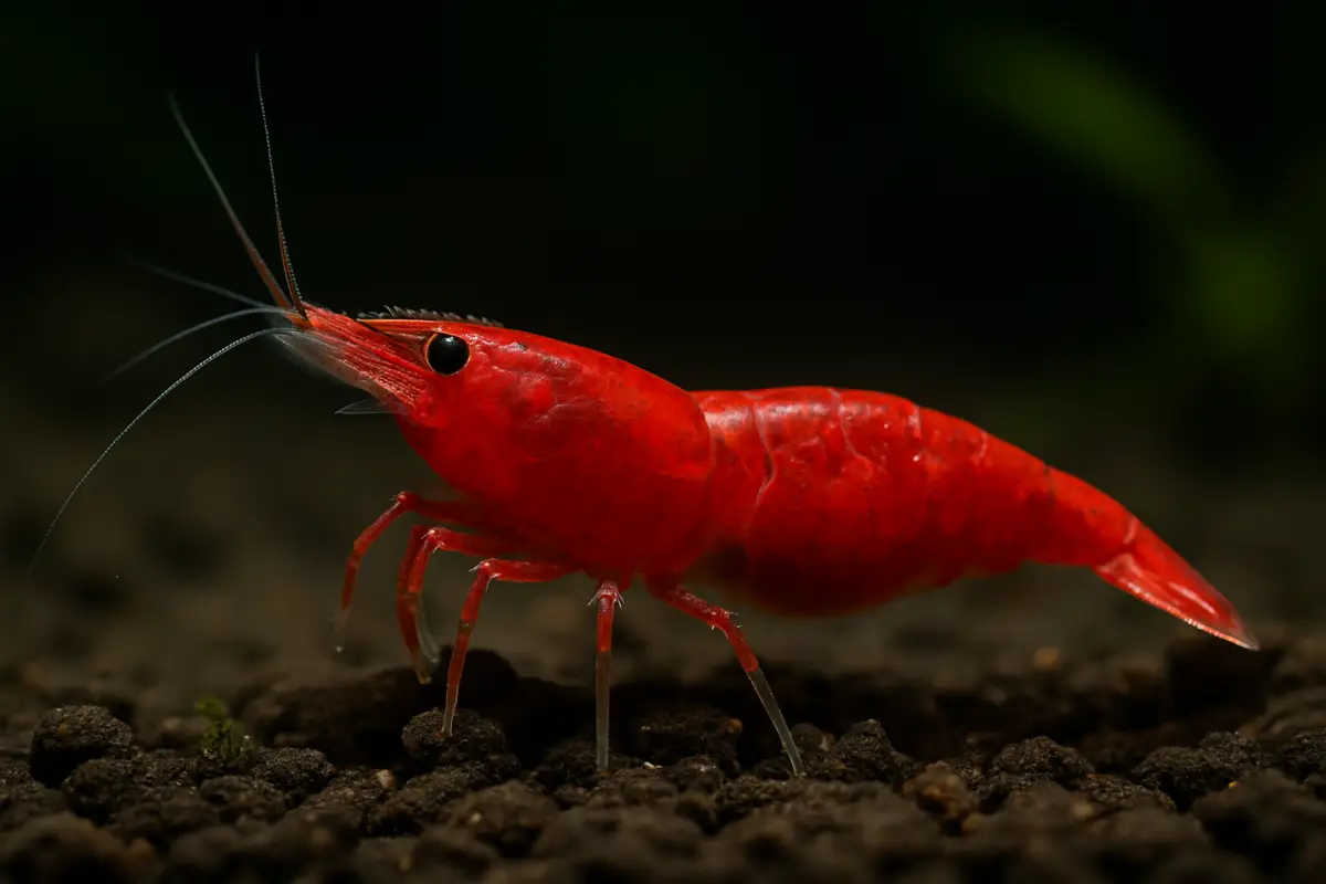 Red Cherry Shrimp (Neocaridina davidi), UK bred dwarf freshwater shrimp with bright red shell in aquarium.