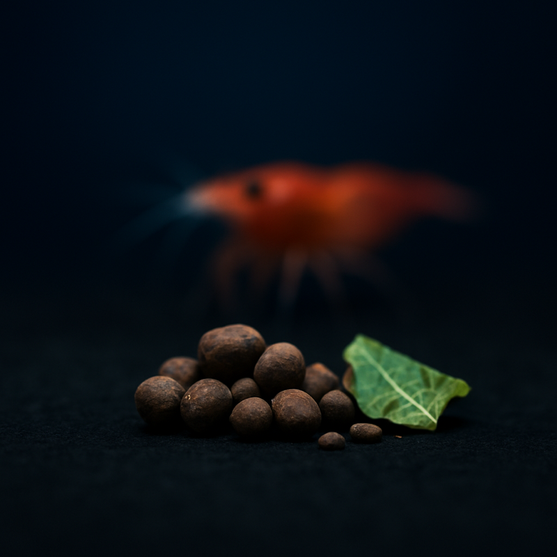 Shrimp food pellets and leaf